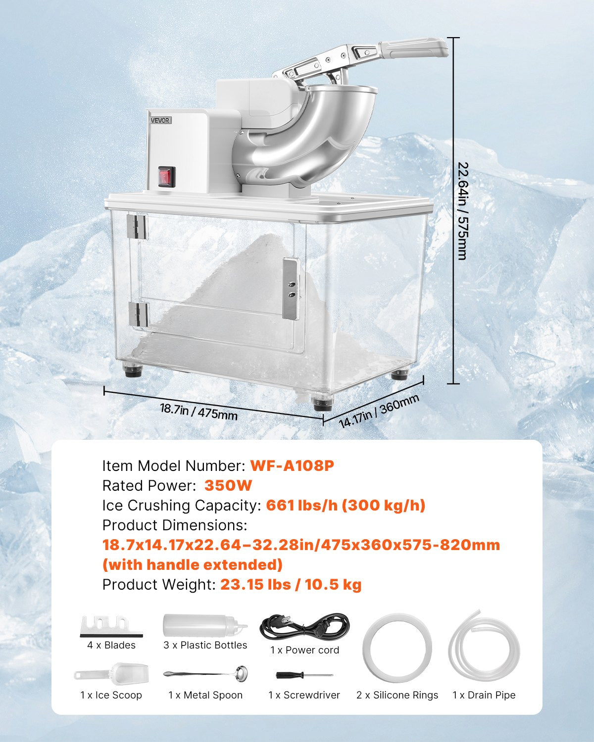Commercial Ice Crusher 661LBS/H, 350W Electric Snow Cone Machine with 4 Blades, 1400RPM Stainless Steel Shaved Ice Machine with 11 Gal Crushed-Ice Box, for Family Restaurants Bars, White