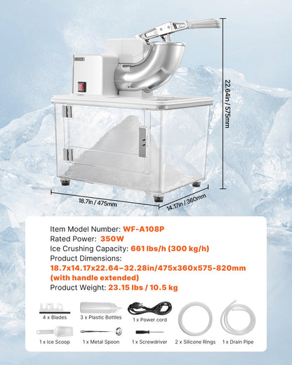 Commercial Ice Crusher 661LBS/H, 350W Electric Snow Cone Machine with 4 Blades, 1400RPM Stainless Steel Shaved Ice Machine with 11 Gal Crushed-Ice Box, for Family Restaurants Bars, White