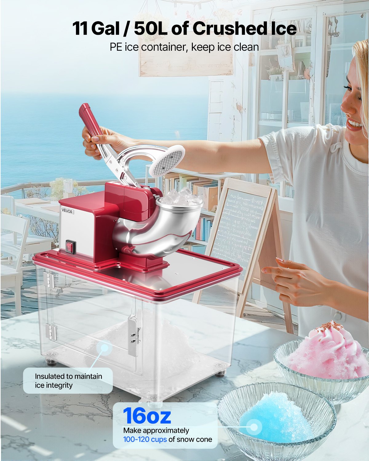 Commercial Ice Crusher 661LBS/H, 350W Electric Snow Cone Machine with 4 Blades, 2000RPM Stainless Steel Shaved Ice Machine with 11 Gal Crushed-Ice Box, for Family Restaurants Bars, Red