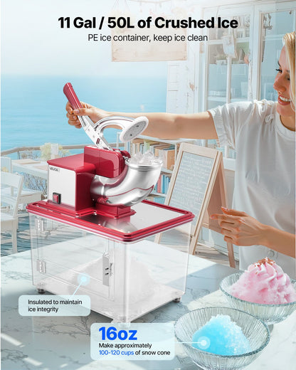 Commercial Ice Crusher 661LBS/H, 350W Electric Snow Cone Machine with 4 Blades, 2000RPM Stainless Steel Shaved Ice Machine with 11 Gal Crushed-Ice Box, for Family Restaurants Bars, Red