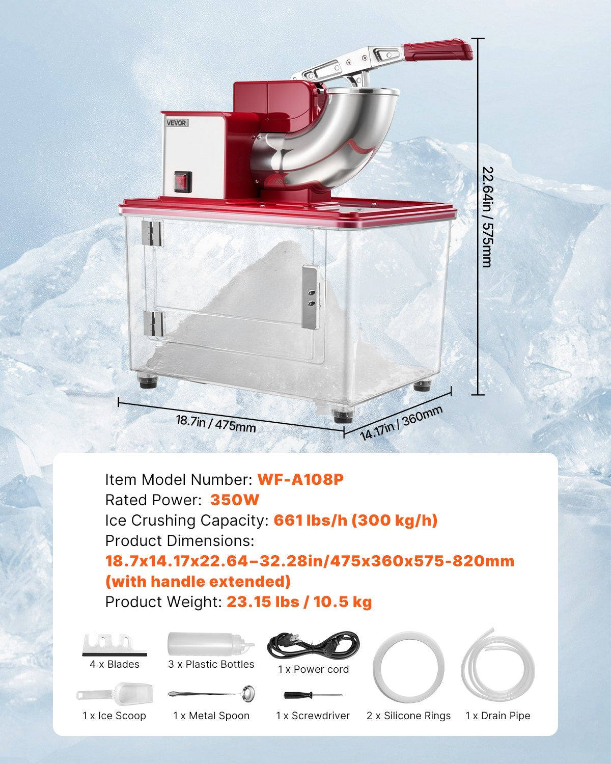 Commercial Ice Crusher 661LBS/H, 350W Electric Snow Cone Machine with 4 Blades, 2000RPM Stainless Steel Shaved Ice Machine with 11 Gal Crushed-Ice Box, for Family Restaurants Bars, Red