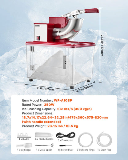 Commercial Ice Crusher 661LBS/H, 350W Electric Snow Cone Machine with 4 Blades, 2000RPM Stainless Steel Shaved Ice Machine with 11 Gal Crushed-Ice Box, for Family Restaurants Bars, Red