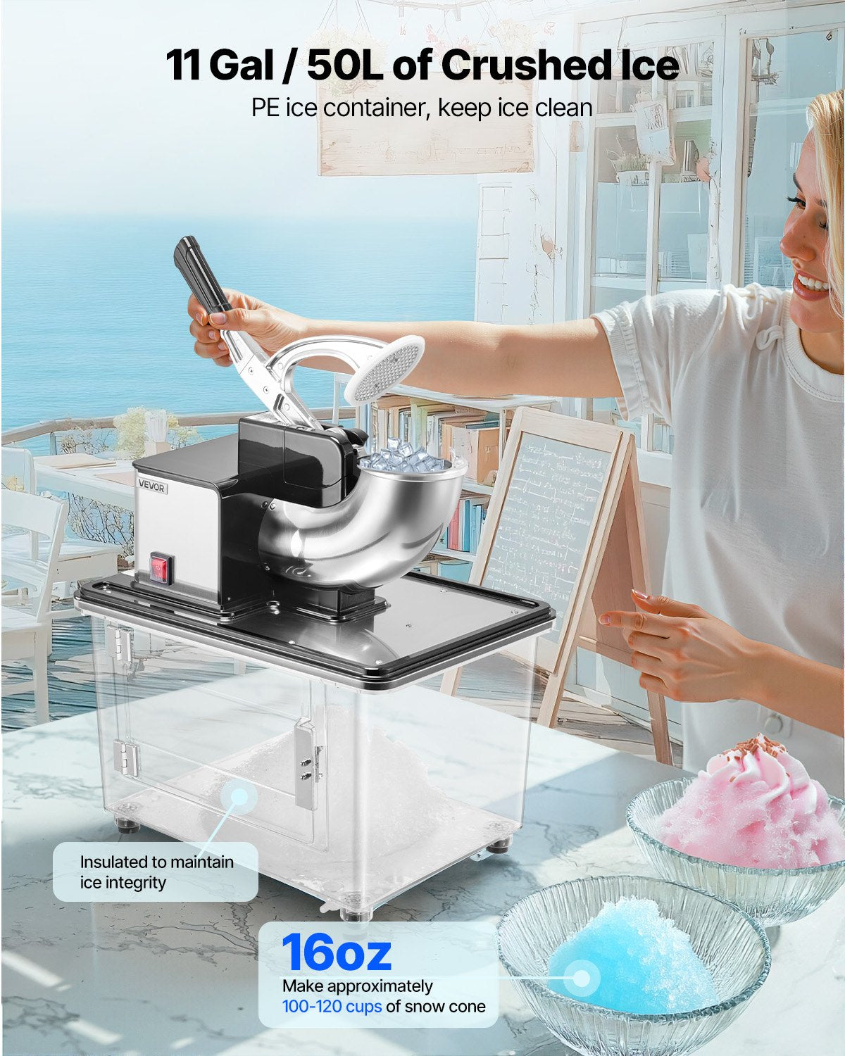 Commercial Ice Crusher 661LBS/H, 350W Electric Snow Cone Machine with 4 Blades, 2000RPM Stainless Steel Shaved Ice Machine with 11 Gal Crushed-Ice Box, for Family Restaurants Bars, Black