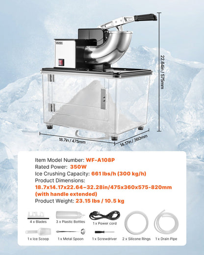 Commercial Ice Crusher 661LBS/H, 350W Electric Snow Cone Machine with 4 Blades, 2000RPM Stainless Steel Shaved Ice Machine with 11 Gal Crushed-Ice Box, for Family Restaurants Bars, Black