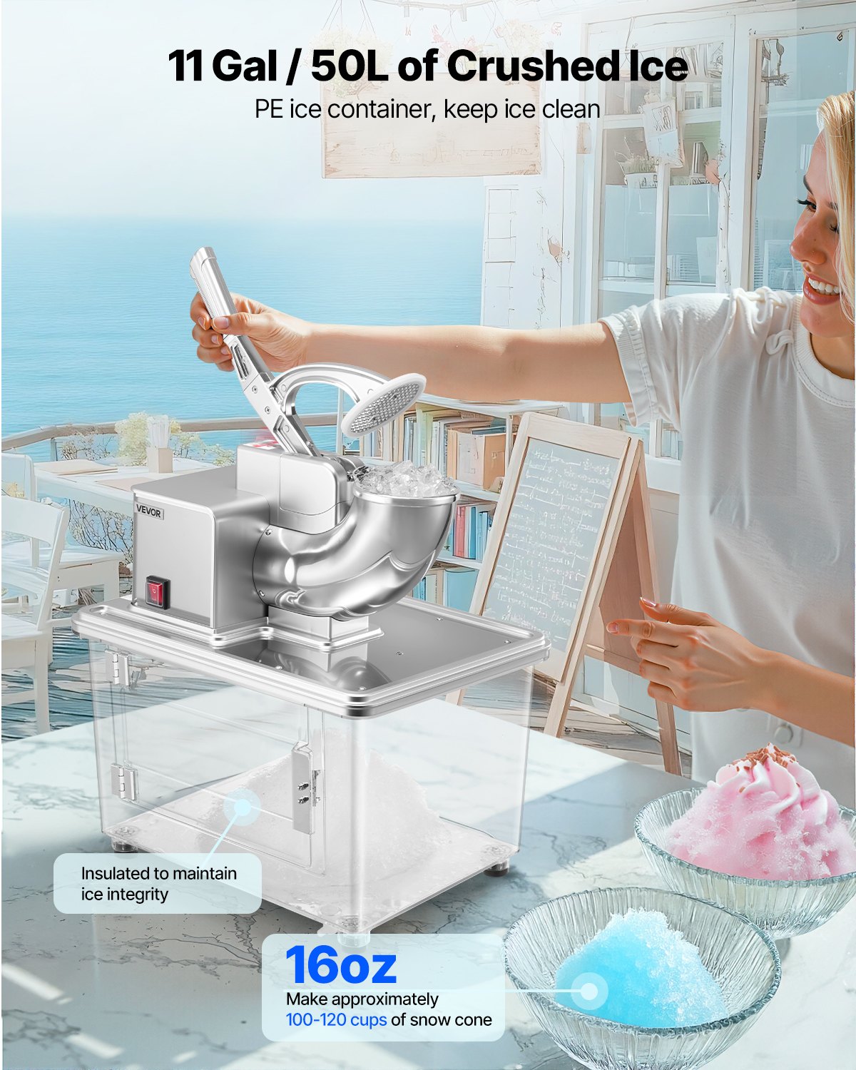 Commercial Ice Crusher 661LBS/H, 350W Electric Snow Cone Machine with 4 Blades, 2000RPM Stainless Steel Shaved Ice Machine with 11 Gal Crushed-Ice Box, for Family Restaurants Bars, Silver