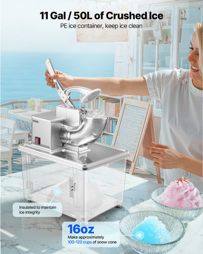 Commercial Ice Crusher 661LBS/H, 350W Electric Snow Cone Machine with 4 Blades, 2000RPM Stainless Steel Shaved Ice Machine with 11 Gal Crushed-Ice Box, for Family Restaurants Bars, Silver