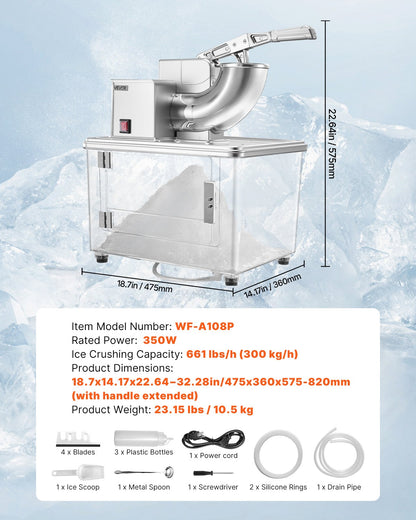Commercial Ice Crusher 661LBS/H, 350W Electric Snow Cone Machine with 4 Blades, 2000RPM Stainless Steel Shaved Ice Machine with 11 Gal Crushed-Ice Box, for Family Restaurants Bars, Silver
