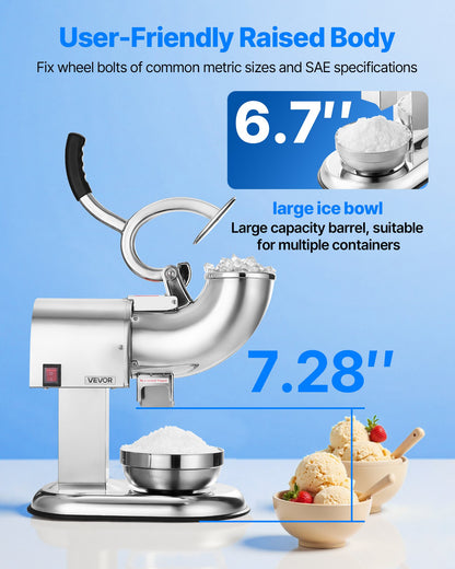 Ice Crusher Machine, 440lbs Per Hour Electric 4 Blades Snow Cone Maker, All Stainless Steel Shaved Ice Machine with Bowl and Cover, 350W 1400RPM Ice-Shaver for Home and Commercial Use, Silver