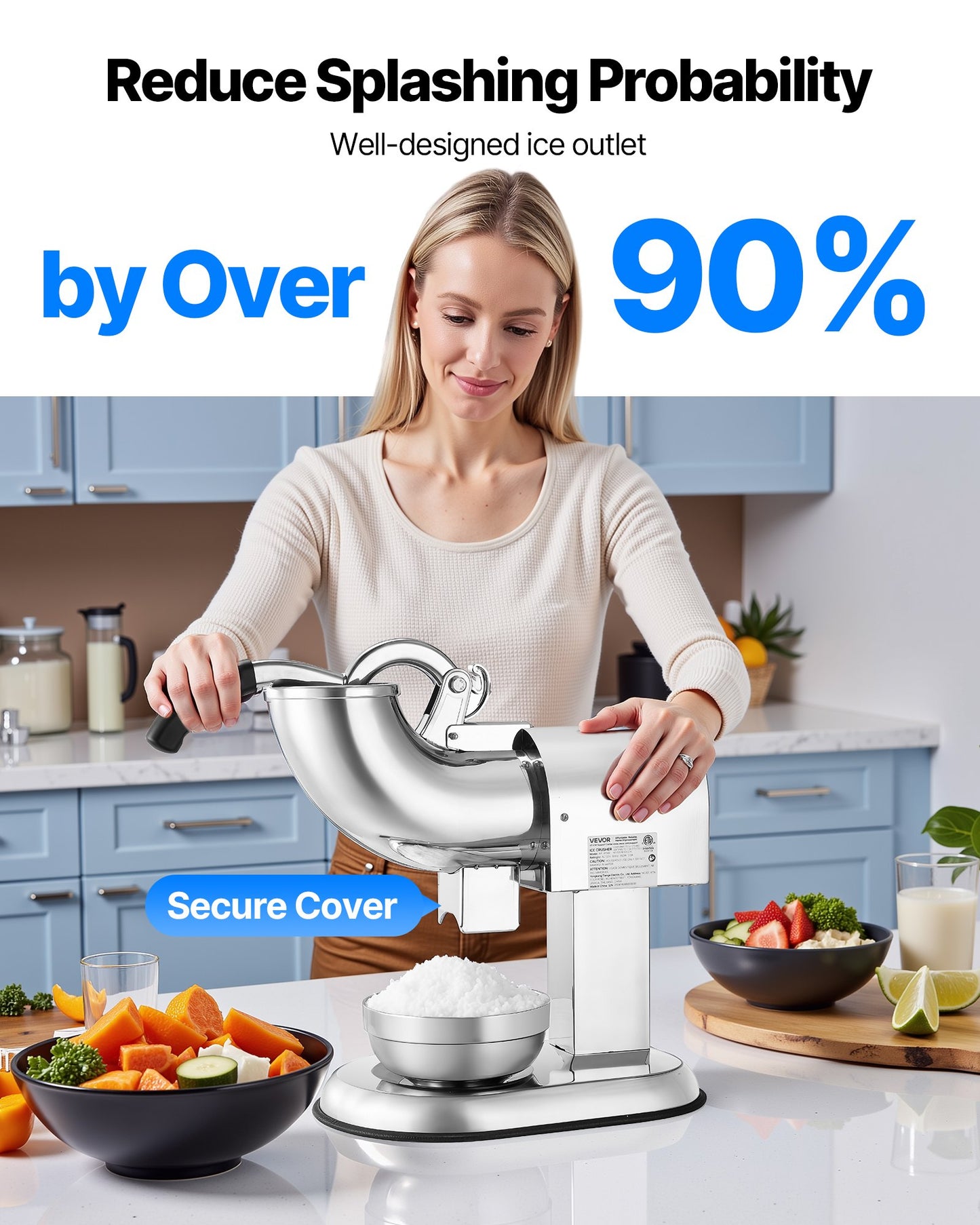 Ice Crusher Machine, 440lbs Per Hour Electric 4 Blades Snow Cone Maker, All Stainless Steel Shaved Ice Machine with Bowl and Cover, 350W 1400RPM Ice-Shaver for Home and Commercial Use, Silver