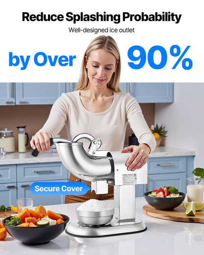 Ice Crusher Machine, 440lbs Per Hour Electric 4 Blades Snow Cone Maker, All Stainless Steel Shaved Ice Machine with Bowl and Cover, 350W 1400RPM Ice-Shaver for Home and Commercial Use, Silver