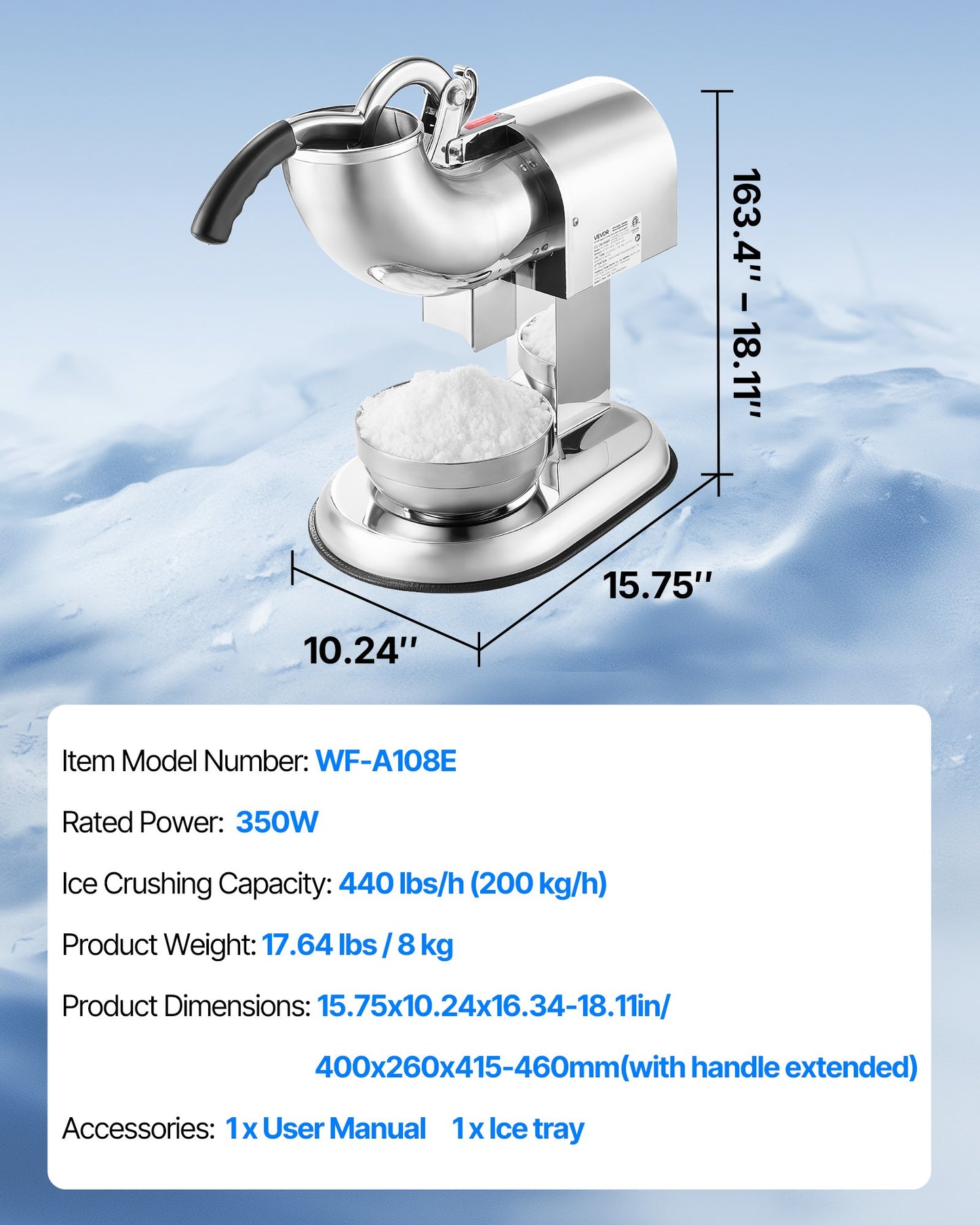 Ice Crusher Machine, 440lbs Per Hour Electric 4 Blades Snow Cone Maker, All Stainless Steel Shaved Ice Machine with Bowl and Cover, 350W 1400RPM Ice-Shaver for Home and Commercial Use, Silver