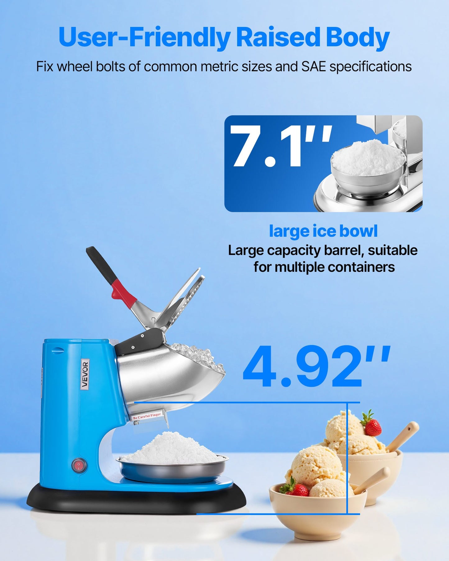 Ice Crusher Machine, 220lbs Per Hour Electric 4 Blades Snow Cone Maker, Stainless Steel Shaved Ice Machine with Bowl and Cover, 300W 1400RPM Ice-Shaver for Home and Commercial Use, Blue