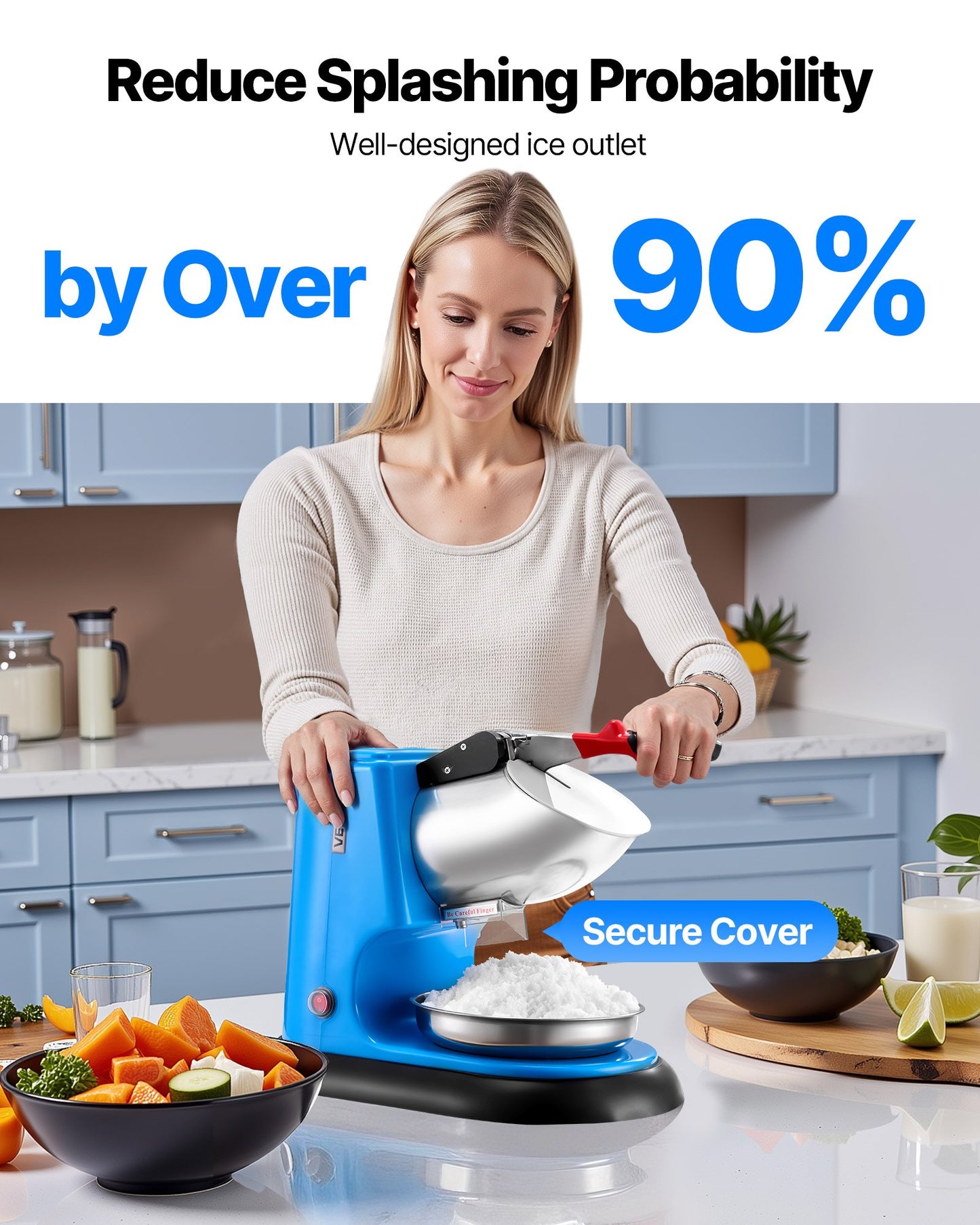 Ice Crusher Machine, 220lbs Per Hour Electric 4 Blades Snow Cone Maker, Stainless Steel Shaved Ice Machine with Bowl and Cover, 300W 1400RPM Ice-Shaver for Home and Commercial Use, Blue