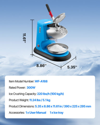 Ice Crusher Machine, 220lbs Per Hour Electric 4 Blades Snow Cone Maker, Stainless Steel Shaved Ice Machine with Bowl and Cover, 300W 1400RPM Ice-Shaver for Home and Commercial Use, Blue