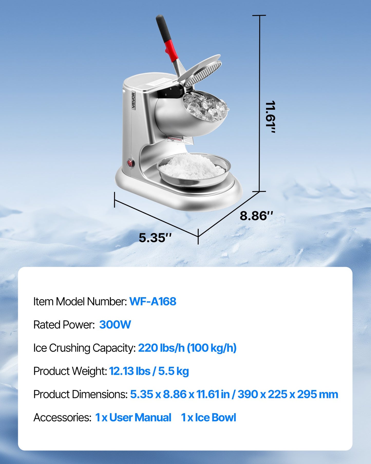 Ice Crusher Machine, 220lbs Per Hour Electric 4 Blades Snow Cone Maker, Stainless Steel Shaved Ice Machine with Bowl and Cover, 300W 2000RPM Ice-Shaver for Home and Commercial Use, Silver
