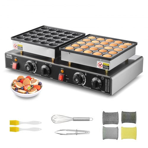 50PCS Mini Dutch Pancake Maker, Non-stick Stainless Steel Dorayaki Baker, 1800W Commercial Electric Poffertjes Grill Pan, Dual Temp & Time Control, for Kitchen Restaurant Breakfast Dessert