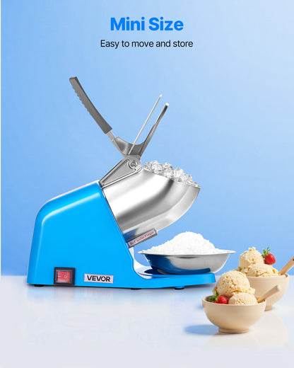 Ice Crusher Machine, 286lbs Per Hour Electric 4 Blades Snow Cone Maker, Stainless Steel Shaved Ice Machine with Bowl and Cover, 300W 2000RPM Ice-Shaver for Home and Commercial Use, Blue