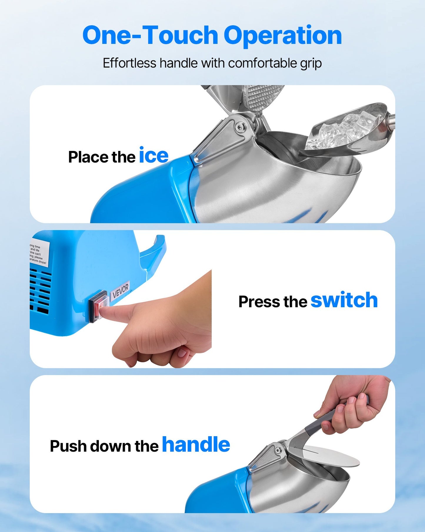 Ice Crusher Machine, 286lbs Per Hour Electric 4 Blades Snow Cone Maker, Stainless Steel Shaved Ice Machine with Bowl and Cover, 300W 2000RPM Ice-Shaver for Home and Commercial Use, Blue