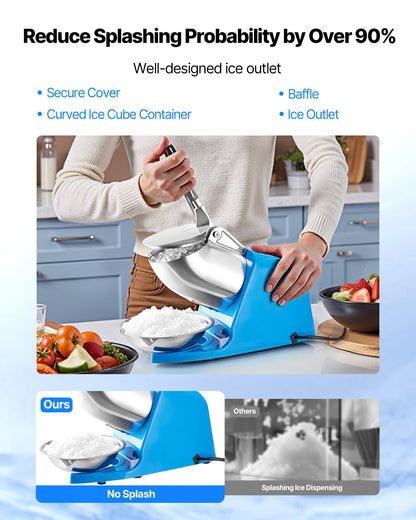 Ice Crusher Machine, 286lbs Per Hour Electric 4 Blades Snow Cone Maker, Stainless Steel Shaved Ice Machine with Bowl and Cover, 300W 2000RPM Ice-Shaver for Home and Commercial Use, Blue
