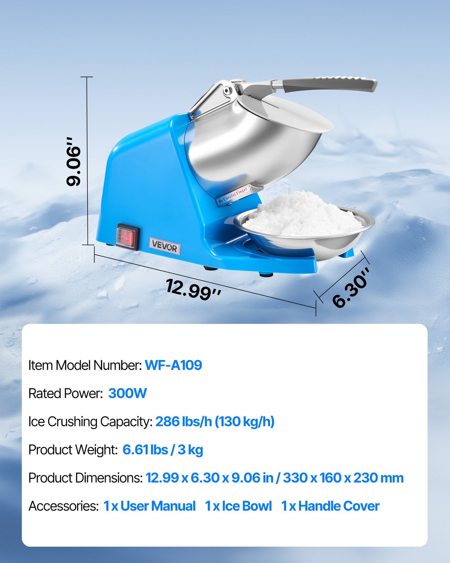 Ice Crusher Machine, 286lbs Per Hour Electric 4 Blades Snow Cone Maker, Stainless Steel Shaved Ice Machine with Bowl and Cover, 300W 2000RPM Ice-Shaver for Home and Commercial Use, Blue