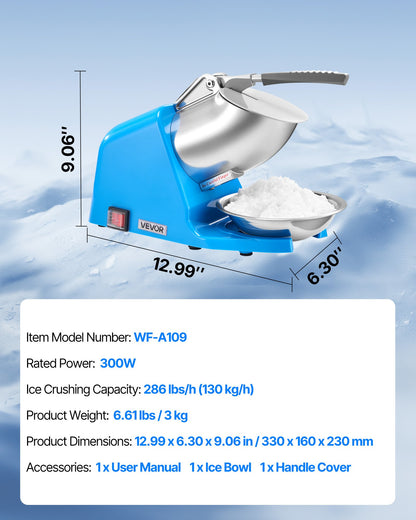 Ice Crusher Machine, 286lbs Per Hour Electric 4 Blades Snow Cone Maker, Stainless Steel Shaved Ice Machine with Bowl and Cover, 300W 2000RPM Ice-Shaver for Home and Commercial Use, Blue