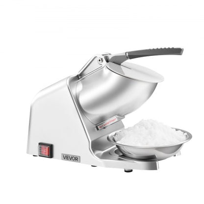 Ice Crusher Machine, 143lbs Per Hour Electric 2 Blades Snow Cone Maker, Stainless Steel Shaved Ice Machine with Bowl and Cover, 300W 2000RPM Ice-Shaver for Home and Commercial Use, Silver