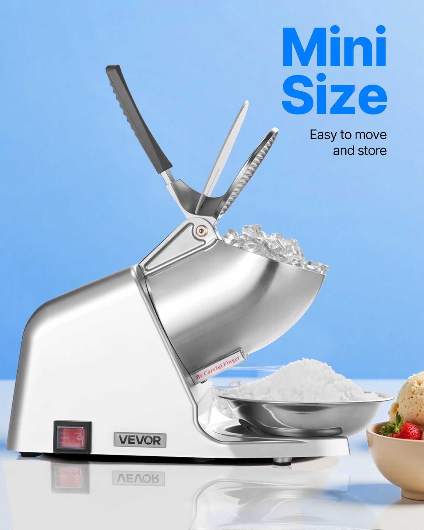 Ice Crusher Machine, 143lbs Per Hour Electric 2 Blades Snow Cone Maker, Stainless Steel Shaved Ice Machine with Bowl and Cover, 300W 2000RPM Ice-Shaver for Home and Commercial Use, Silver