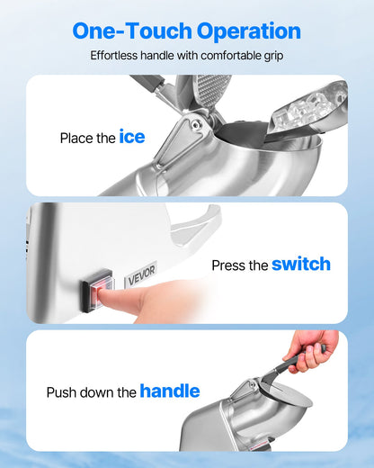 Ice Crusher Machine, 143lbs Per Hour Electric 2 Blades Snow Cone Maker, Stainless Steel Shaved Ice Machine with Bowl and Cover, 300W 2000RPM Ice-Shaver for Home and Commercial Use, Silver
