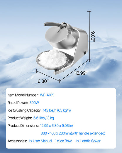 Ice Crusher Machine, 143lbs Per Hour Electric 2 Blades Snow Cone Maker, Stainless Steel Shaved Ice Machine with Bowl and Cover, 300W 2000RPM Ice-Shaver for Home and Commercial Use, Silver