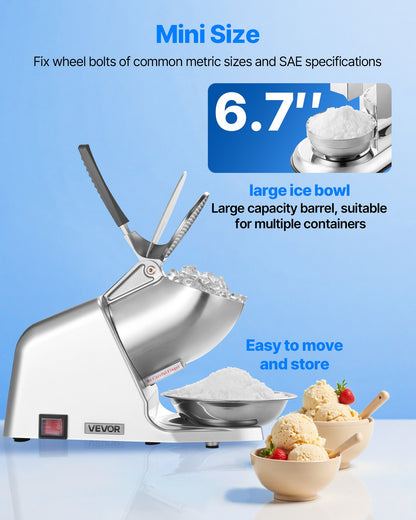 Ice Crusher Machine, 286lbs Per Hour Electric 4 Blades Snow Cone Maker, Stainless Steel Shaved Ice Machine with Bowl and Cover, 300W 2000RPM Ice-Shaver for Home and Commercial Use, Silver