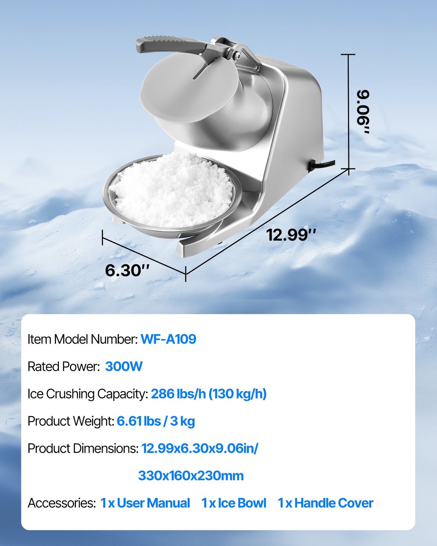 Ice Crusher Machine, 286lbs Per Hour Electric 4 Blades Snow Cone Maker, Stainless Steel Shaved Ice Machine with Bowl and Cover, 300W 2000RPM Ice-Shaver for Home and Commercial Use, Silver