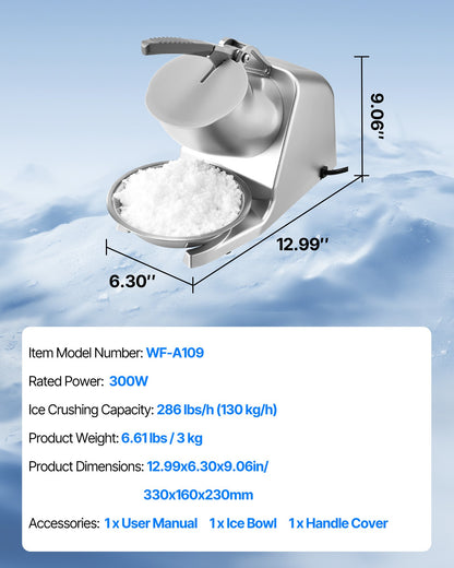 Ice Crusher Machine, 286lbs Per Hour Electric 4 Blades Snow Cone Maker, Stainless Steel Shaved Ice Machine with Bowl and Cover, 300W 2000RPM Ice-Shaver for Home and Commercial Use, Silver