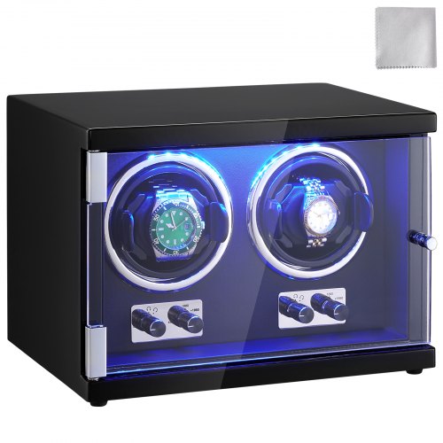 Watch Winder, Dual Watch Winder for Men's and Women's Automatic Watch, with 2 Super Quiet Japanese Mabuchi Motors, Blue LED Light and Adapter, High-Density Board Shell and Black PU