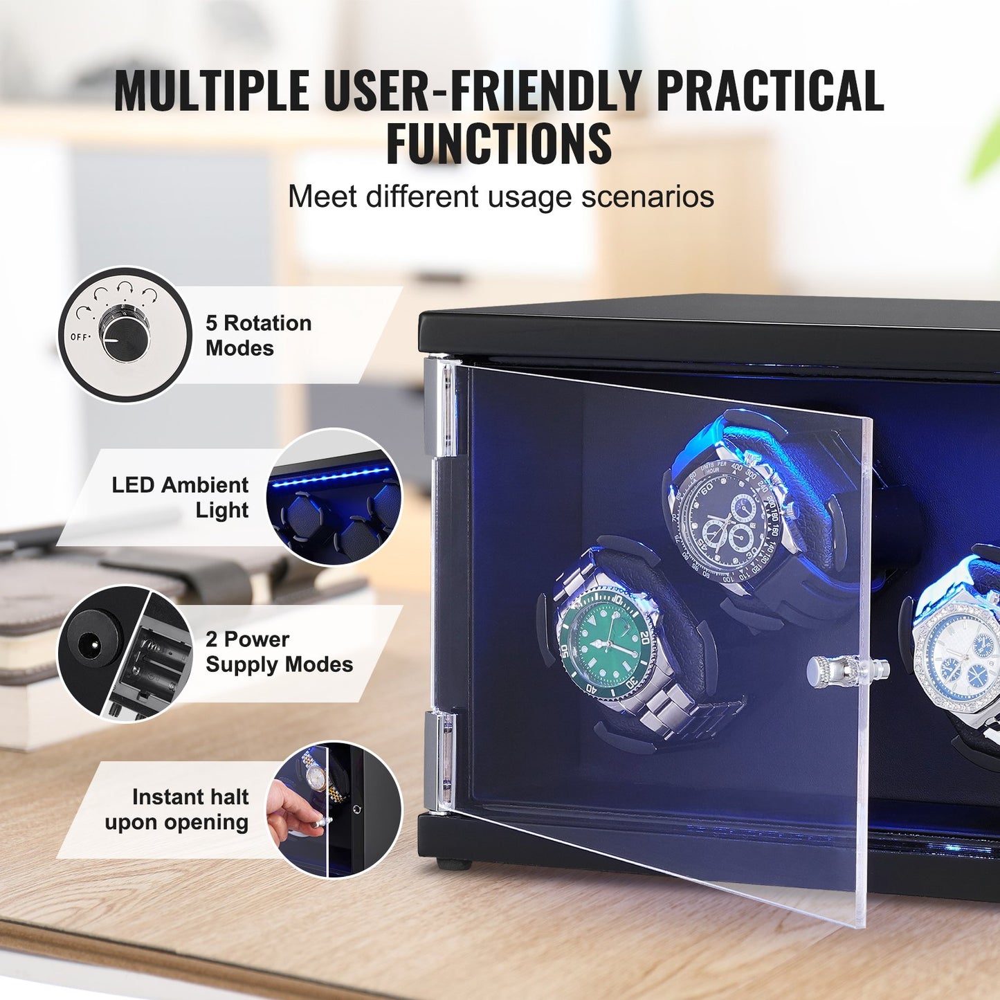 Watch Winder, Watch Winder for 4 Men's and Women's Automatic Watches, with 2 Super Quiet Japanese Mabuchi Motors, Blue LED Light and Adapter, High-Density Board Shell and Black PU