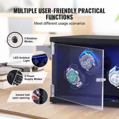 Watch Winder, Watch Winder for 4 Men's and Women's Automatic Watches, with 2 Super Quiet Japanese Mabuchi Motors, Blue LED Light and Adapter, High-Density Board Shell and Black PU