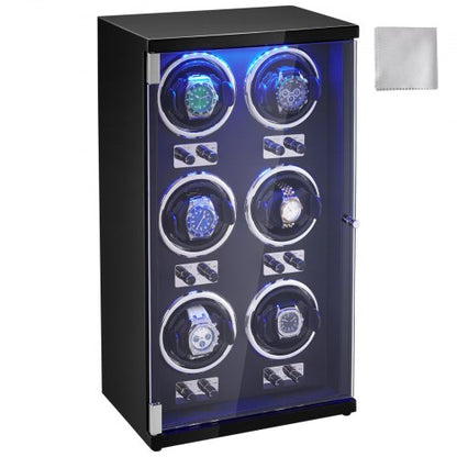 Watch Winder, Watch Winder for 6 Men's and Women's Automatic Watches, with 6 Super Quiet Japanese Mabuchi Motors, Blue LED Light and Adapter, High-Density Board Shell and Black PU