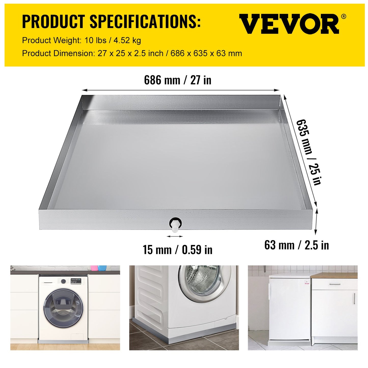 27 x 25 x 2.5 Inch Washing Machine Pan 304 Stainless Steel Washing Machine Drain Pan 18 GA Thickness Heavy Duty Compact Washer Drip Tray with Drain Hole & Hose Adapter