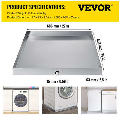 27 x 25 x 2.5 Inch Washing Machine Pan 304 Stainless Steel Washing Machine Drain Pan 18 GA Thickness Heavy Duty Compact Washer Drip Tray with Drain Hole & Hose Adapter