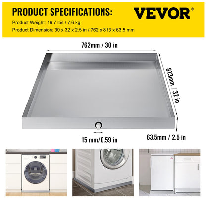 32 x 30 x 2.5 Inch Washing Machine Pan 18 GA Thickness Galvanized Steel Heavy Duty Compact Washer Drip Tray with Drain Hole & Hose Adapter