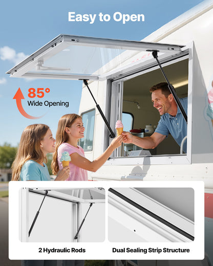 Concession Window 36x24 in, Aluminum Alloy Service Window for Food Truck, Up to 85 Degrees Stand Serving Window with 2 Sliding Windows, Awning Door, and Drag Hook, for Concession Trailers