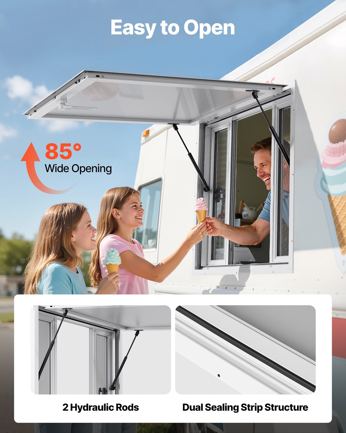 Concession Window 36x36 in, Aluminum Alloy Service Window for Food Truck, Up to 85 Degrees Stand Serving Window with 4 Sliding Windows, Awning Door, and Drag Hook, for Concession Trailers