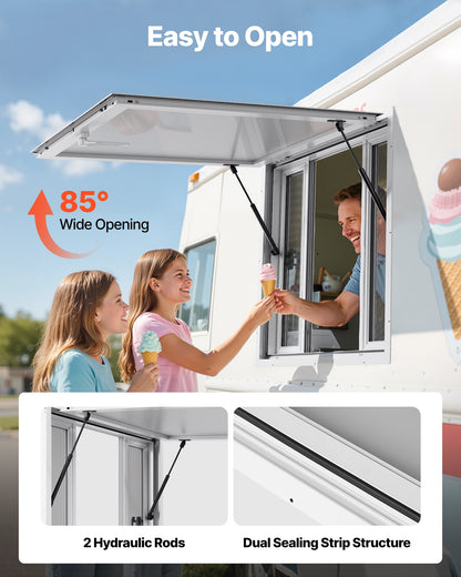 Concession Window 36x36 in, Aluminum Alloy Service Window for Food Truck, Up to 85 Degrees Stand Serving Window with 4 Sliding Windows, Awning Door, and Drag Hook, for Concession Trailers