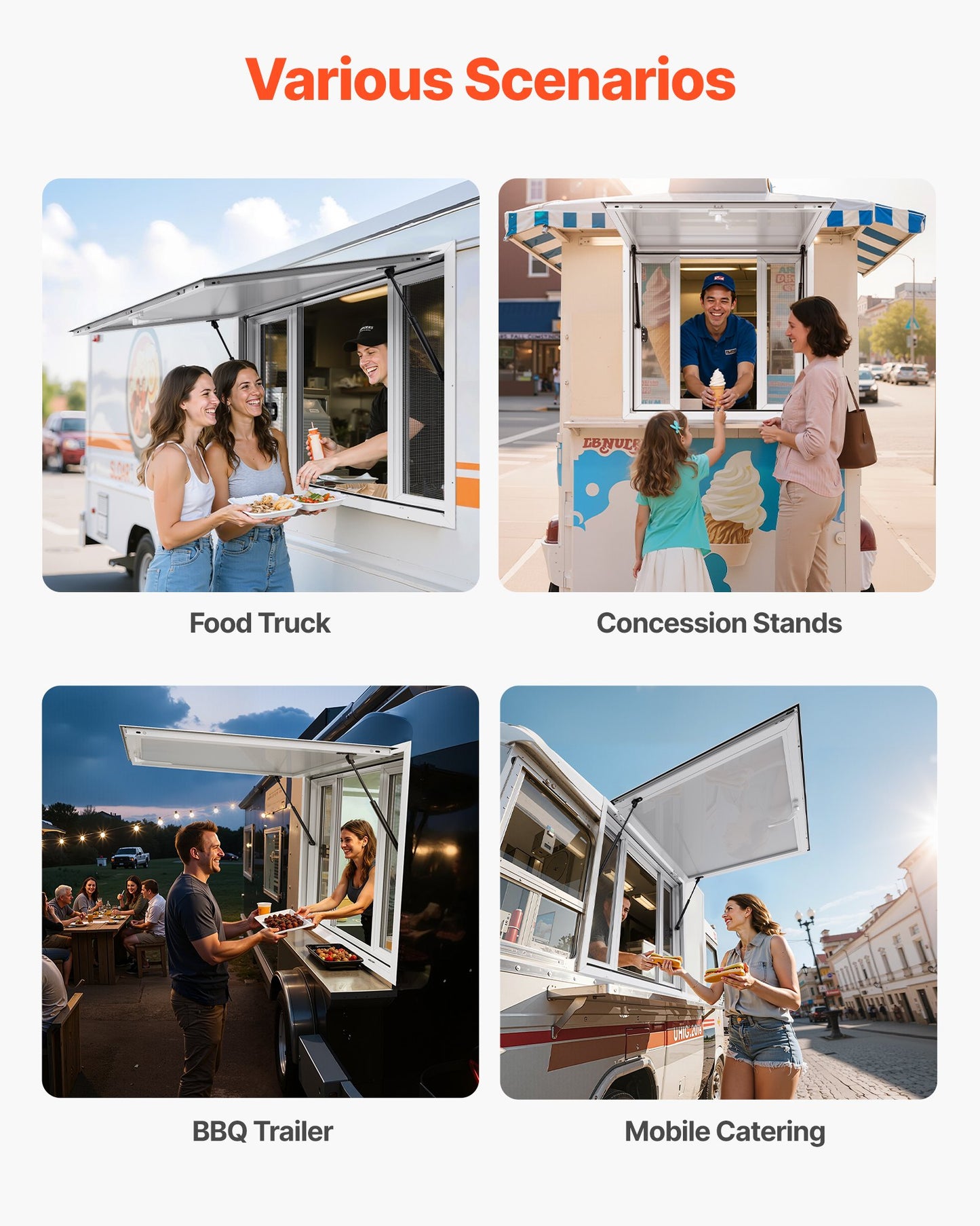 Concession Window 36x36 in, Aluminum Alloy Service Window for Food Truck, Up to 85 Degrees Stand Serving Window with 4 Sliding Windows, Awning Door, and Drag Hook, for Concession Trailers