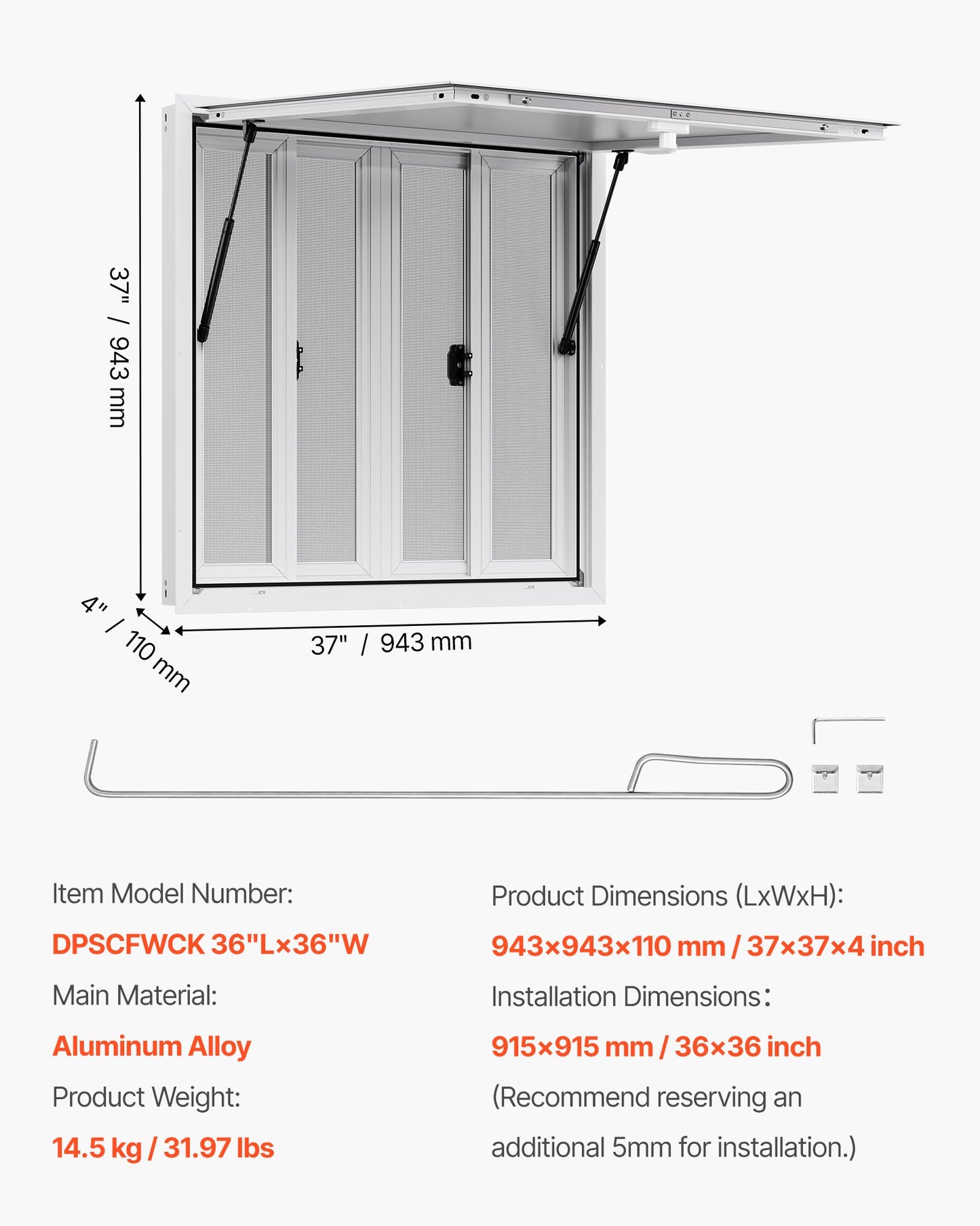 Concession Window 36x36 in, Aluminum Alloy Service Window for Food Truck, Up to 85 Degrees Stand Serving Window with 4 Sliding Windows, Awning Door, and Drag Hook, for Concession Trailers