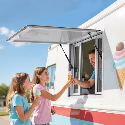 Concession Window 36x36 in, Aluminum Alloy Service Window for Food Truck, Up to 85 Degrees Stand Serving Window with 4 Sliding Windows, Awning Door, and Drag Hook, for Concession Trailers
