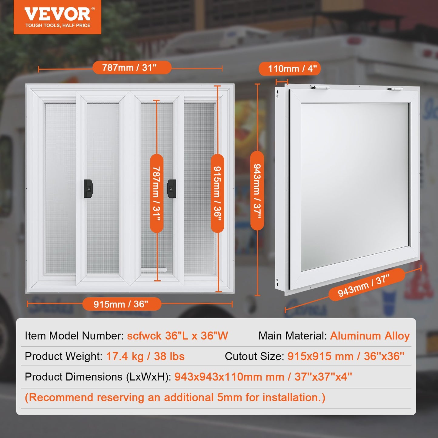 36"L x 36"W Imbissstand Servierfenster Food Truck Service Markise