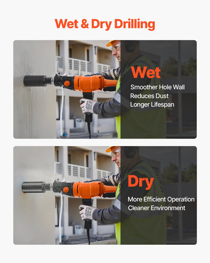 Diamond Core Drilling Machine, 8 in Drilling Diameter, Handheld Dry and Wet Concrete Core Drill Rig with 4 Drill Bits, 1075/2300 RPM 2-Speed, UNC1 1/4-7 Thread, for Concrete Brick Stone, 1800W