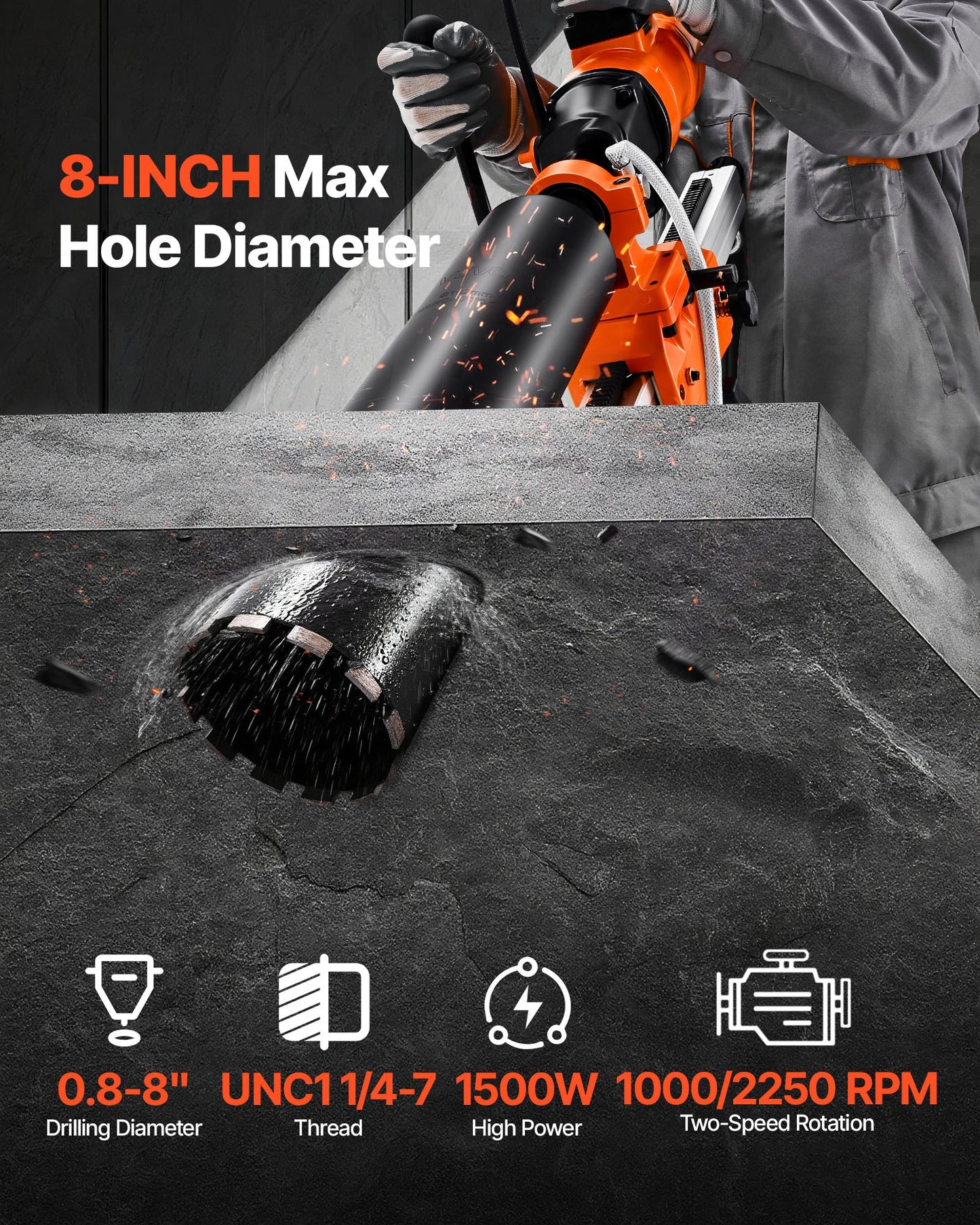 Diamond Core Drilling Machine, 8 in Drilling Diameter, 2-in-1 Handheld & Stand-Mount Dry and Wet Concrete Core Drill Rig with 4 Drill Bits, 1075/2300 RPM 2-Speed, for Concrete Brick Stone, 1800W