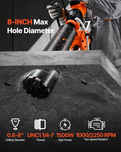Diamond Core Drilling Machine, 8 in Drilling Diameter, 2-in-1 Handheld & Stand-Mount Dry and Wet Concrete Core Drill Rig with 4 Drill Bits, 1075/2300 RPM 2-Speed, for Concrete Brick Stone, 1800W