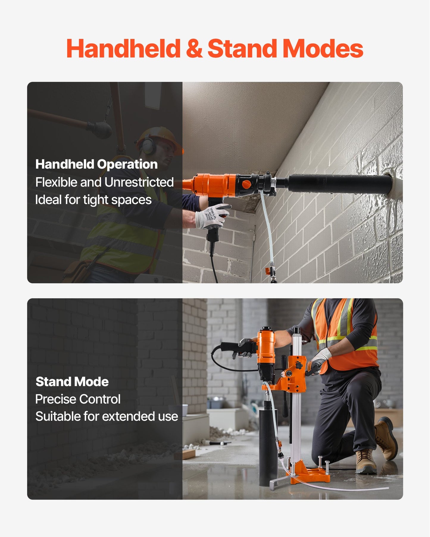 Diamond Core Drilling Machine, 8 in Drilling Diameter, 2-in-1 Handheld & Stand-Mount Dry and Wet Concrete Core Drill Rig with 4 Drill Bits, 1075/2300 RPM 2-Speed, for Concrete Brick Stone, 1800W